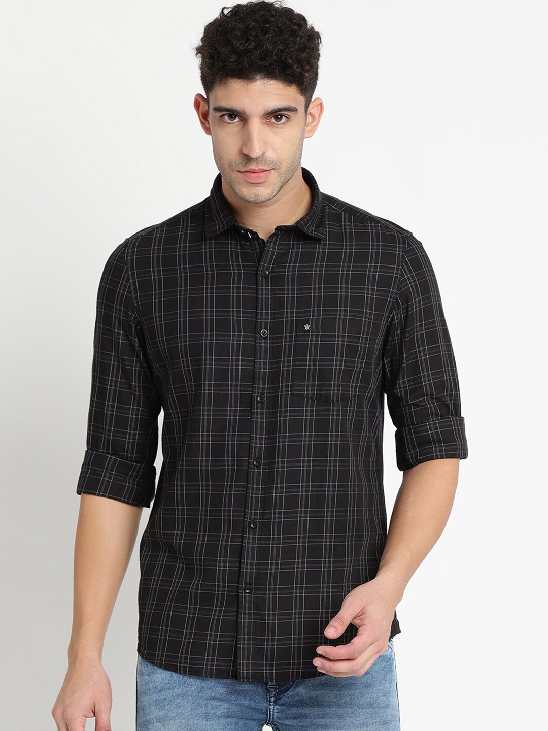 

Turtle Men Black Slim Fit Tartan Checks Checked Cotton Casual Shirt
