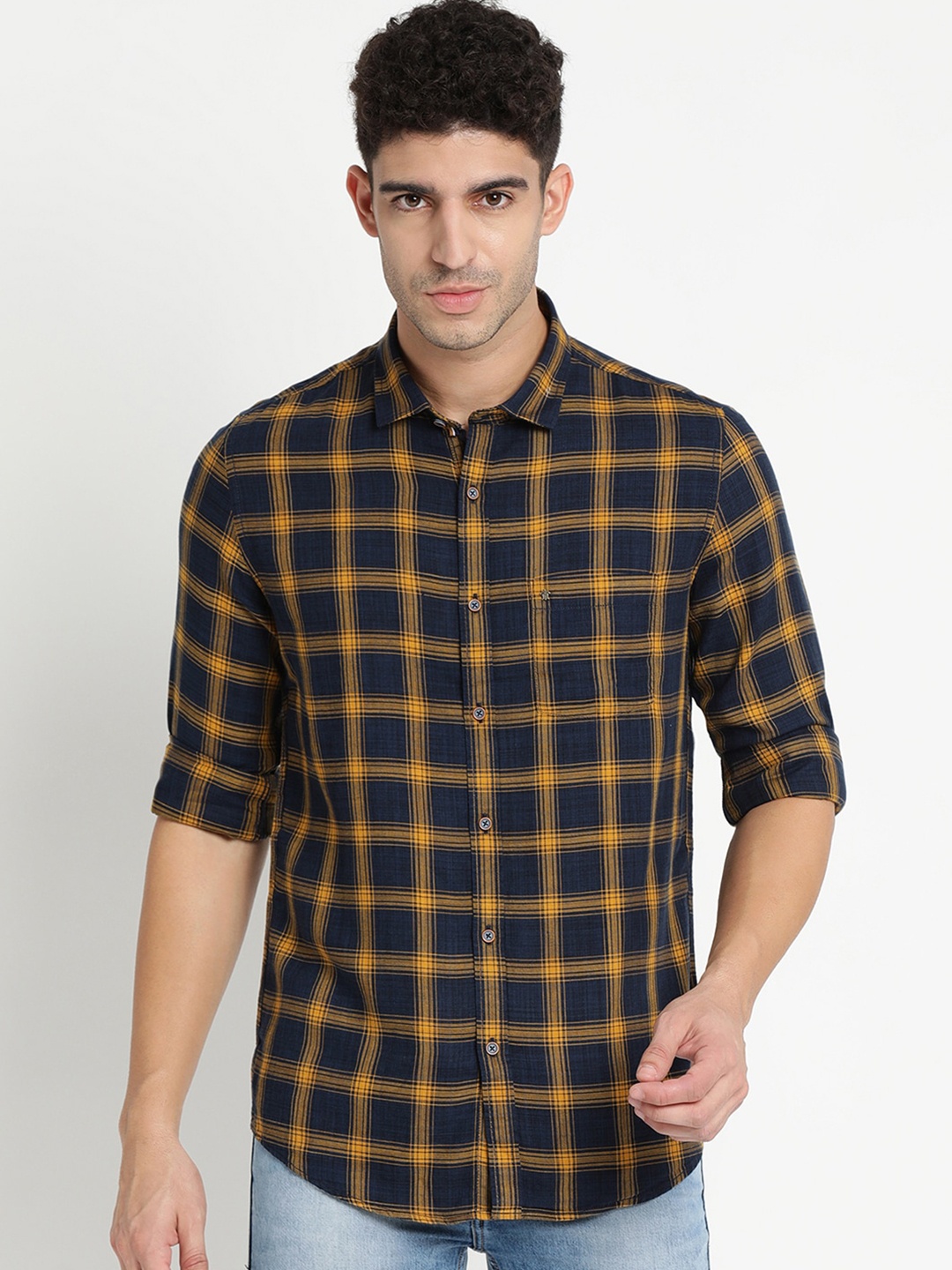 

Turtle Men Navy Blue Slim Fit Tartan Checks Checked Casual Shirt