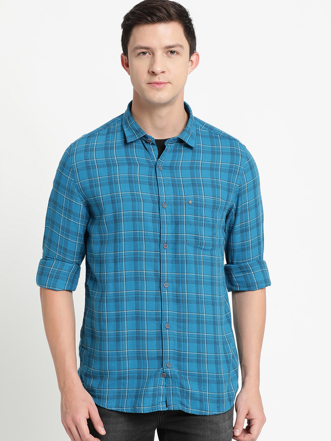 

Turtle Men Blue Slim Fit Tartan Checks Checked Casual Shirt