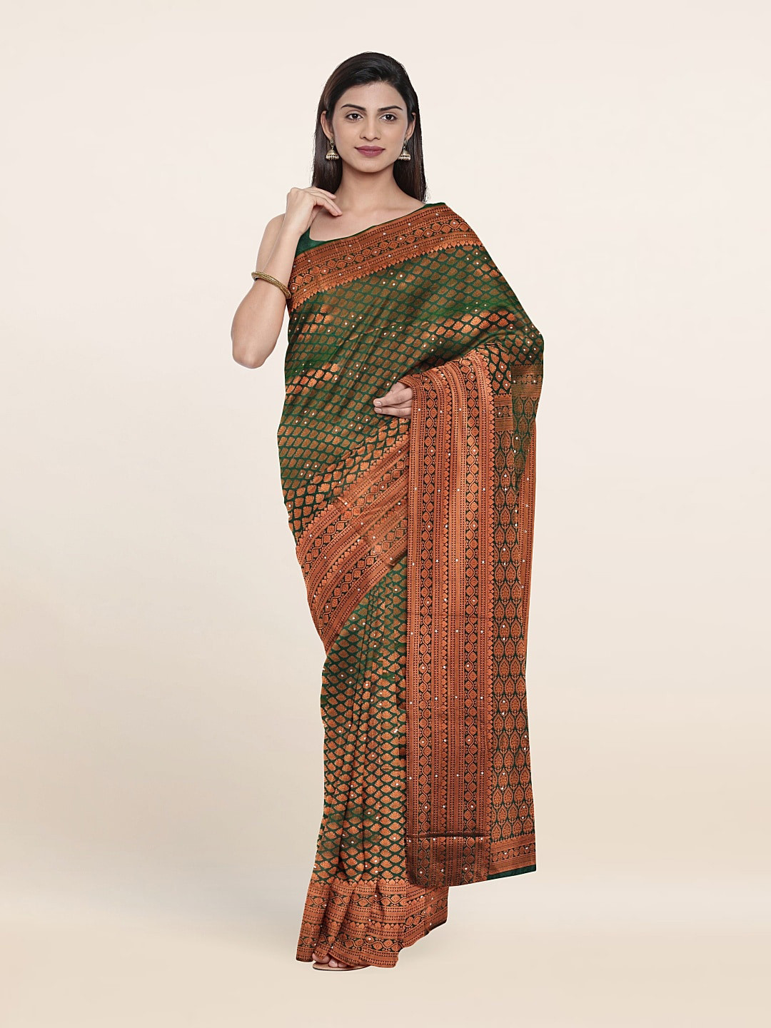 

Pothys Green & Copper-Toned Woven Design Zari Pure Silk Saree