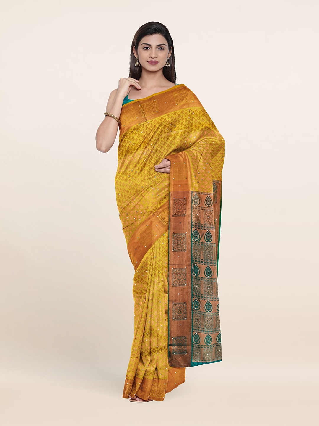 

Pothys Yellow & Green Woven Design Beads and Stones Pure Silk Saree