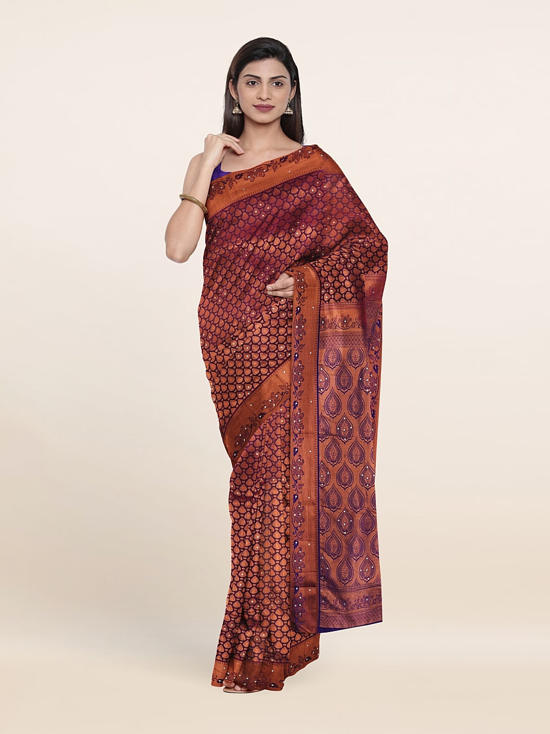 

Pothys Purple & Blue Checked Beads and Stones Pure Silk Saree