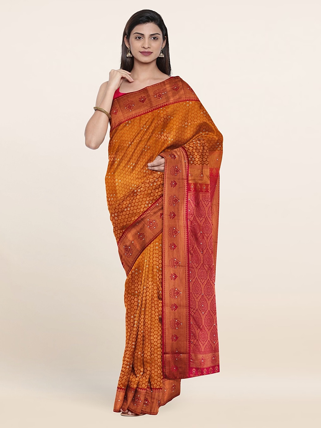 

Pothys Mustard & Pink Woven Design Beads and Stones Pure Silk Saree