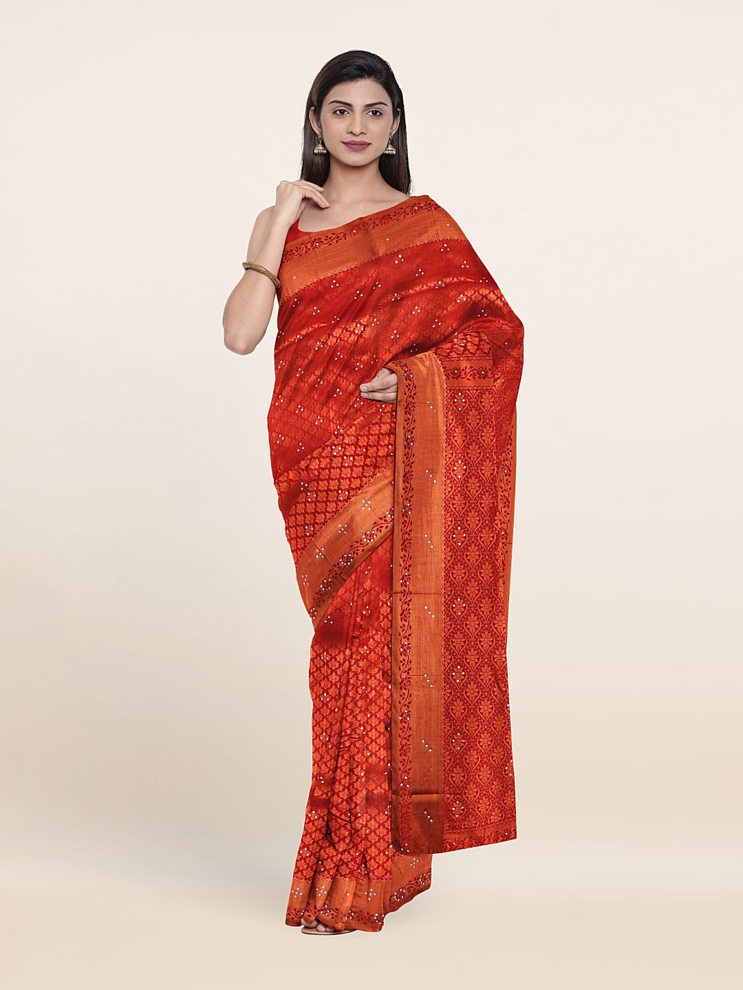 

Pothys Maroon & Copper-Toned Woven Design Beads and Stones Pure Silk Saree