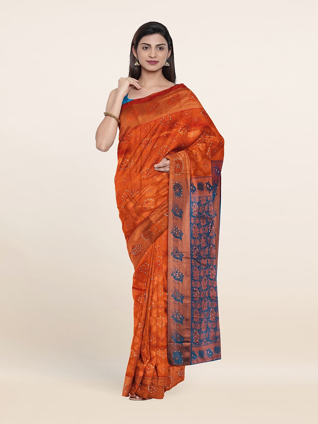 

Pothys Orange & Blue Ethnic Motifs Beads and Stones Pure Silk Saree