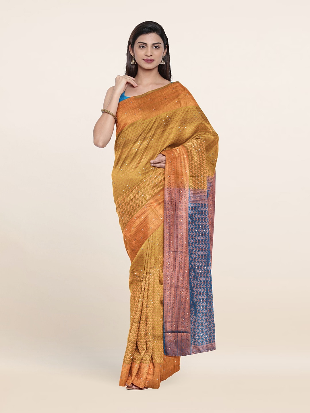 

Pothys Tan & Copper-Toned Woven Design Beads and Stones Pure Silk Saree