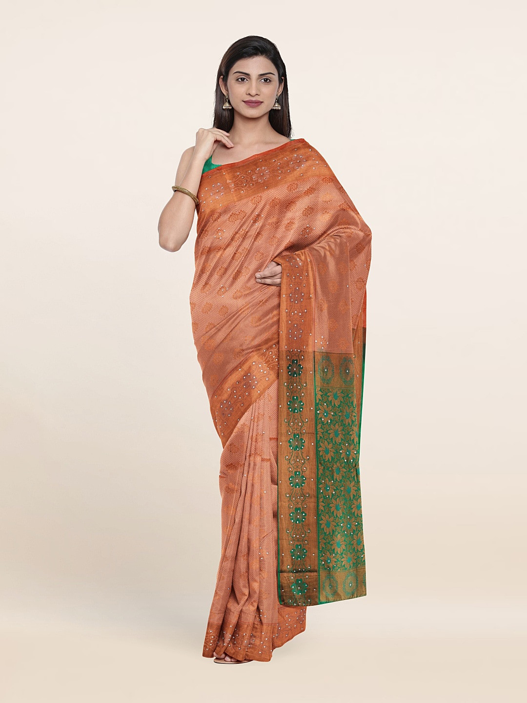 

Pothys Peach-Coloured & Green Woven Design Beads and Stones Pure Silk Saree