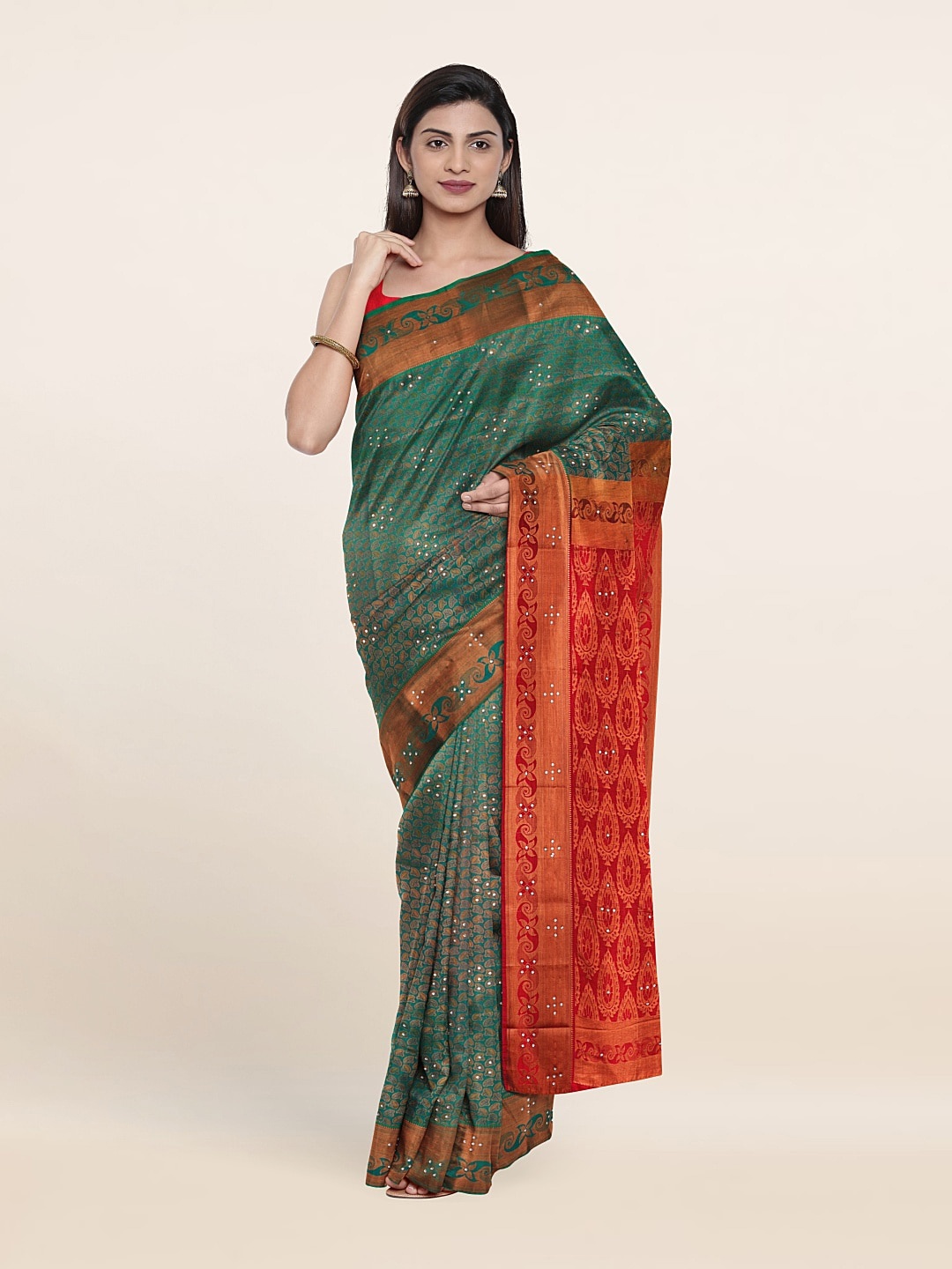 

Pothys Green & Red Woven Design Beads and Stones Pure Silk Saree