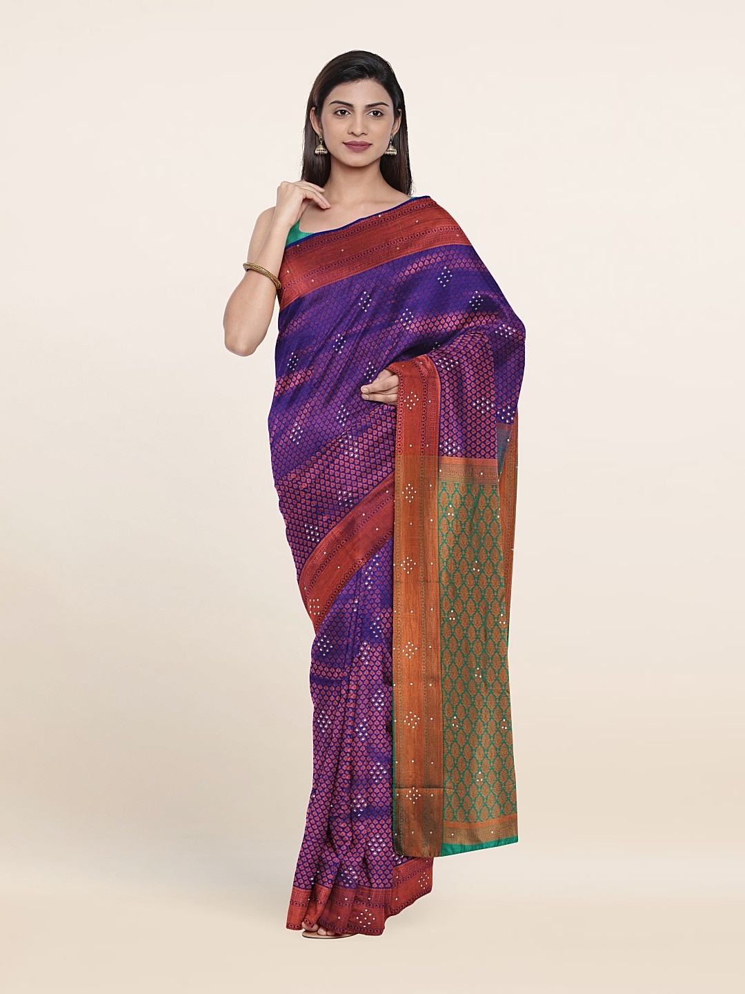 

Pothys Blue & Green Woven Design Beads and Stones Pure Silk Saree