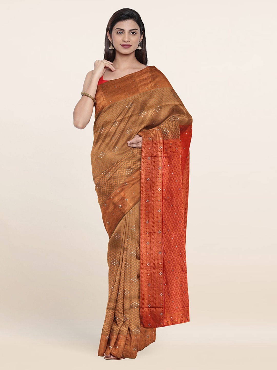 

Pothys Tan & Copper-Toned Woven Design Beads and Stones Pure Silk Saree