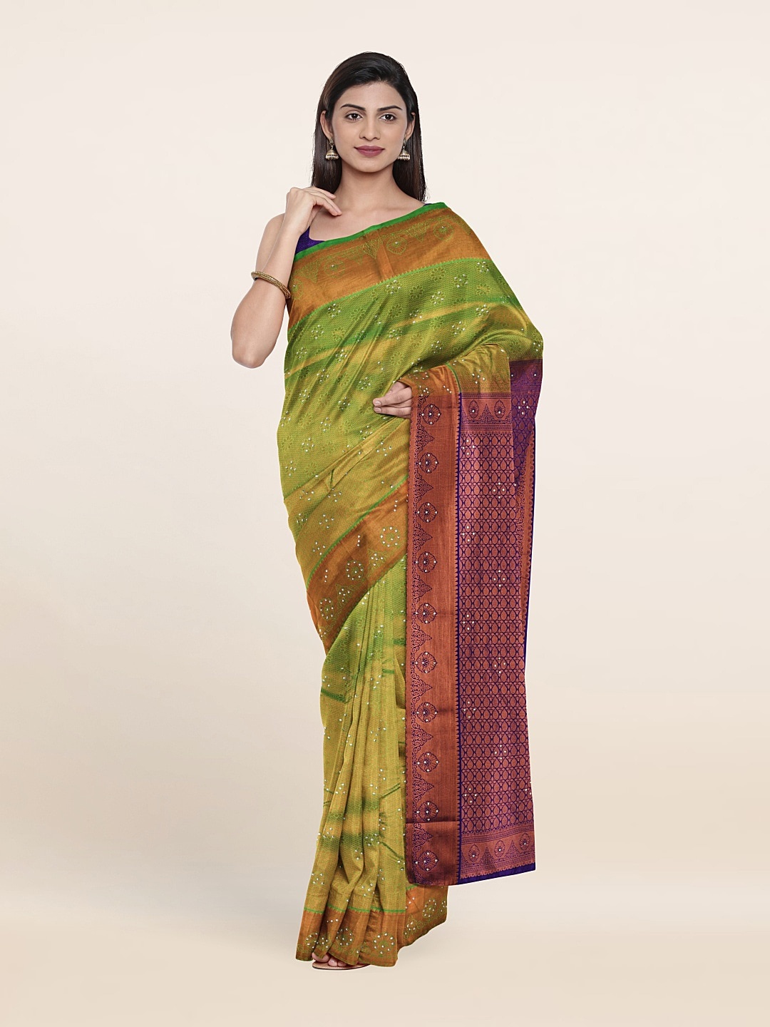 

Pothys Lime Green & Purple Woven Design Beads and Stones Pure Silk Saree