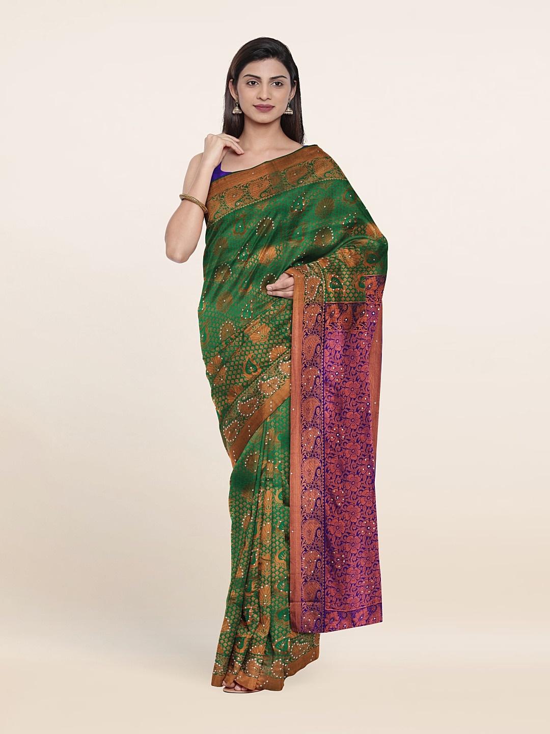 

Pothys Green & Blue Woven Design Beads and Stones Pure Silk Saree