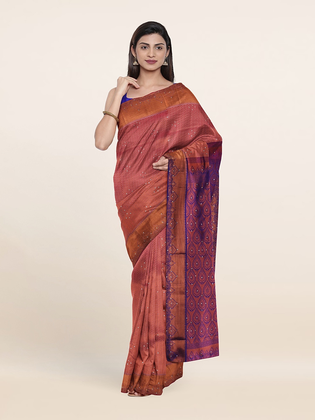 

Pothys Lavender & Copper-Toned Woven Design Beads and Stones Pure Silk Saree