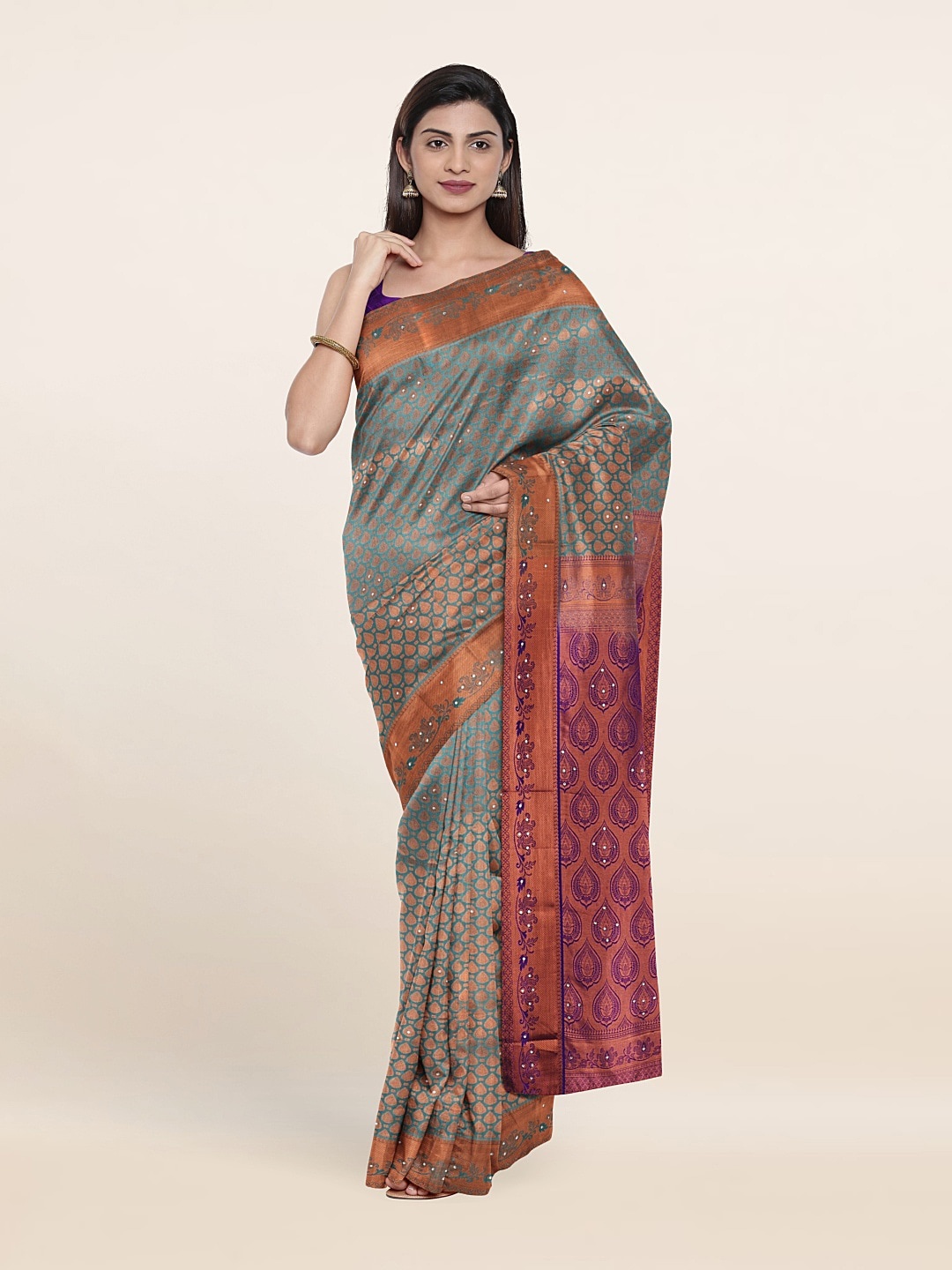 

Pothys Blue & Copper-Toned Woven Design Beads and Stones Pure Silk Saree