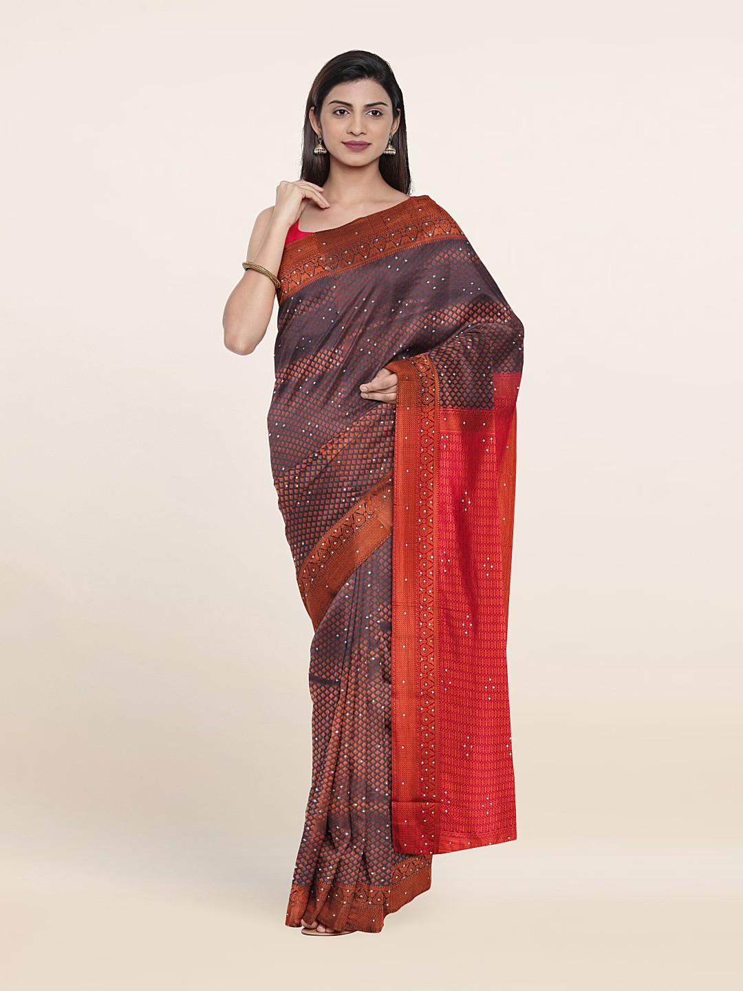 

Pothys Grey & Pink Woven Design Beads And Stones Pure Silk Saree