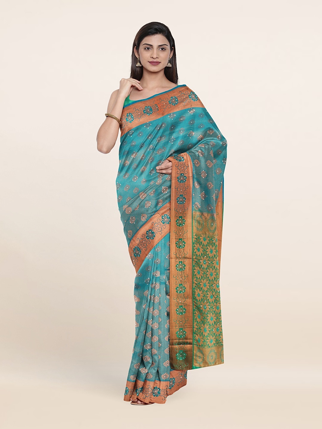 

Pothys Blue & Green Woven Design Beads And Stones Pure Silk Saree