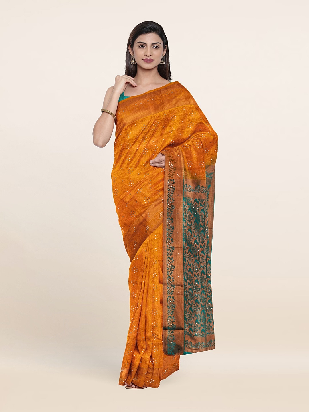 

Pothys Mustard & Copper-Toned Woven Design Beads And Stones Pure Silk Saree