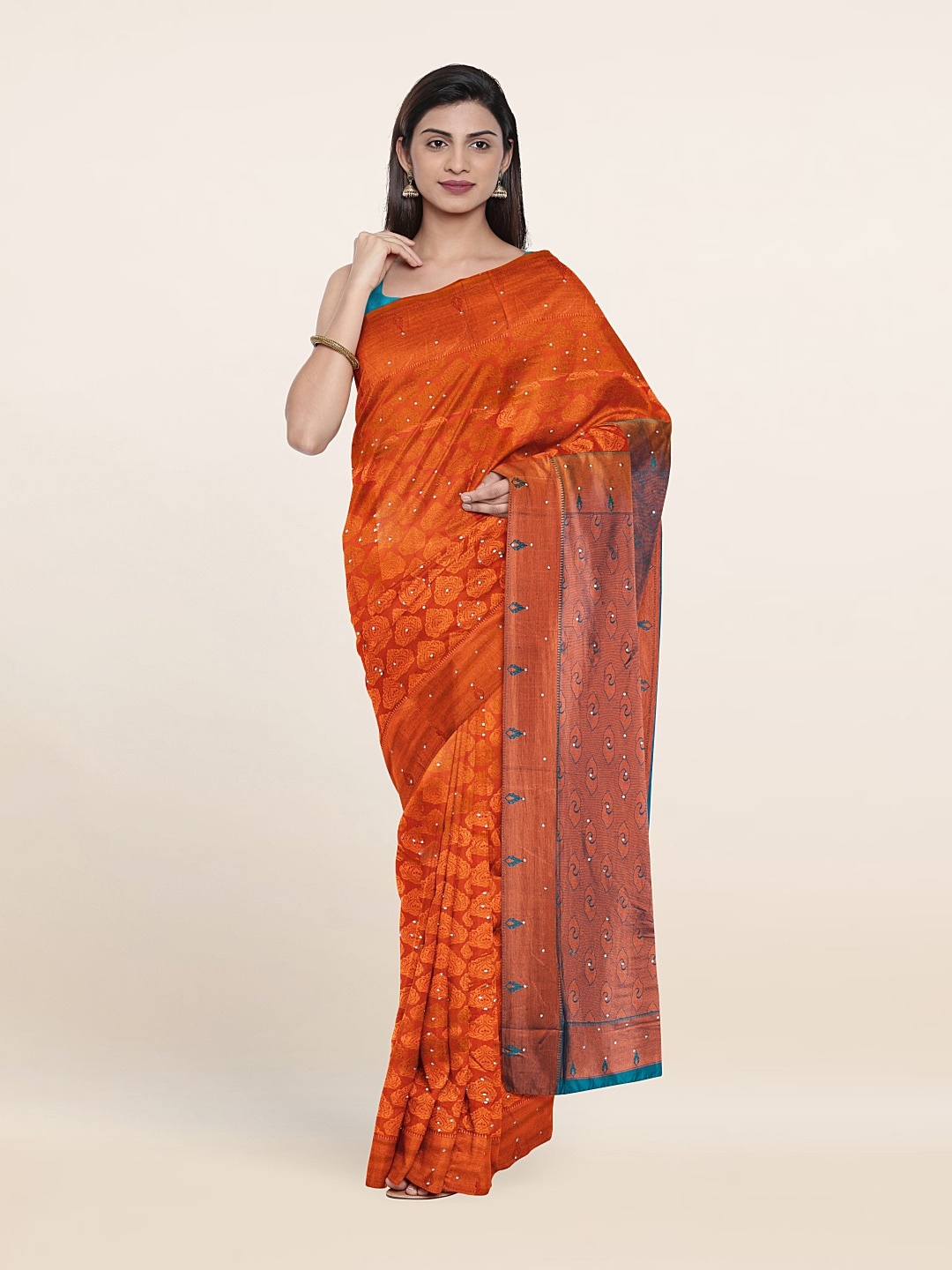 

Pothys Rust & Copper-Toned Woven Design Beads And Stones Pure Silk Saree