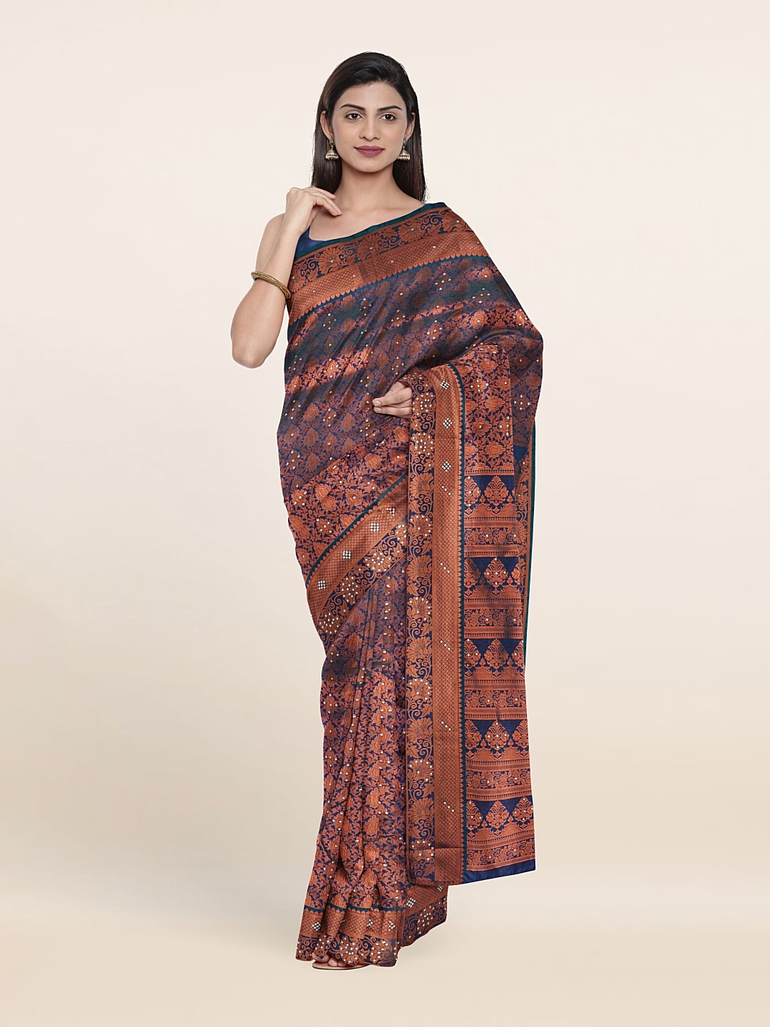 

Pothys Blue & Copper-Toned Woven Design Beads And Stones Pure Silk Saree