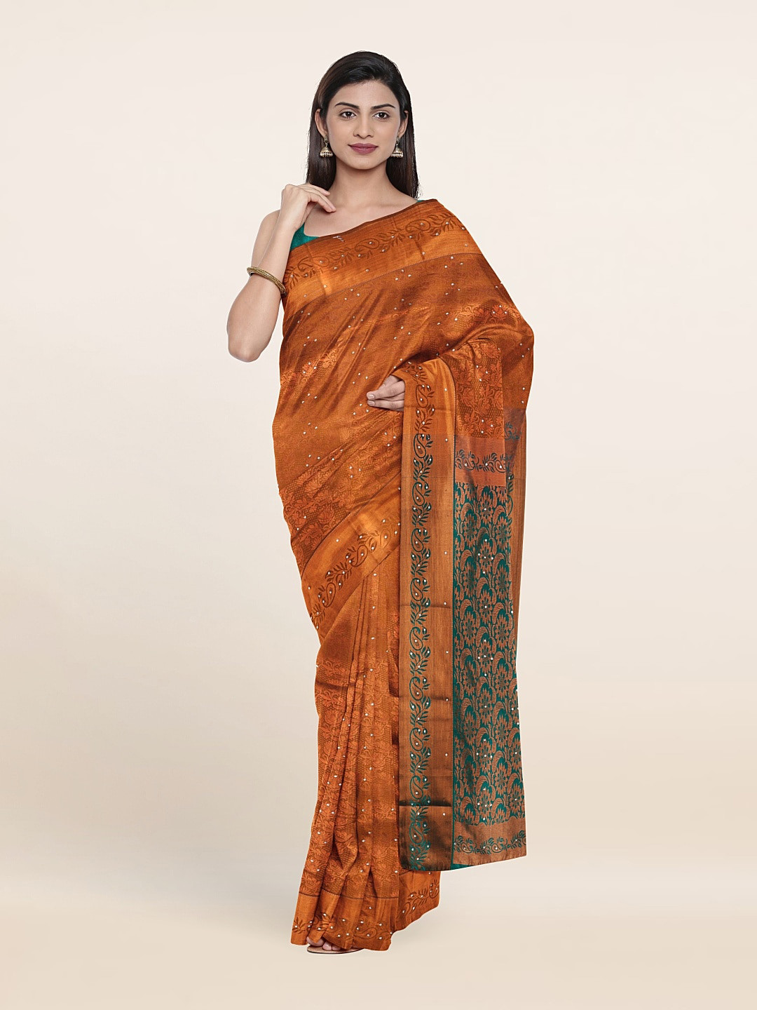

Pothys Copper-Toned & Green Woven Design Beads And Stones Pure Silk Saree