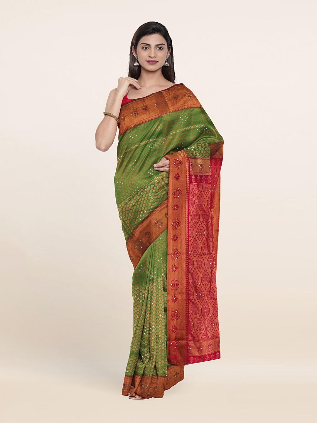 

Pothys Green & Pink Woven Design Beads And Stones Pure Silk Saree