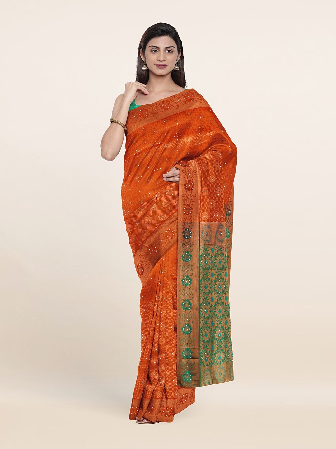 

Pothys Rust & Green Woven Design Beads And Stones Pure Silk Saree