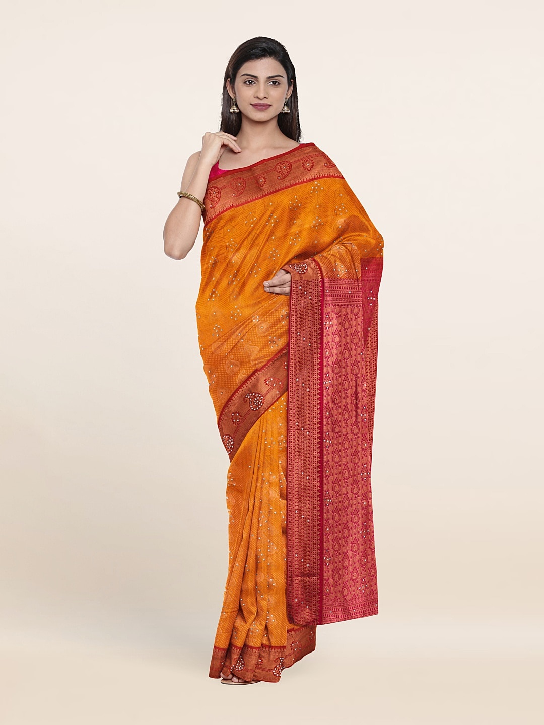 

Pothys Orange & Pink Woven Design Beads And Stones Pure Silk Saree