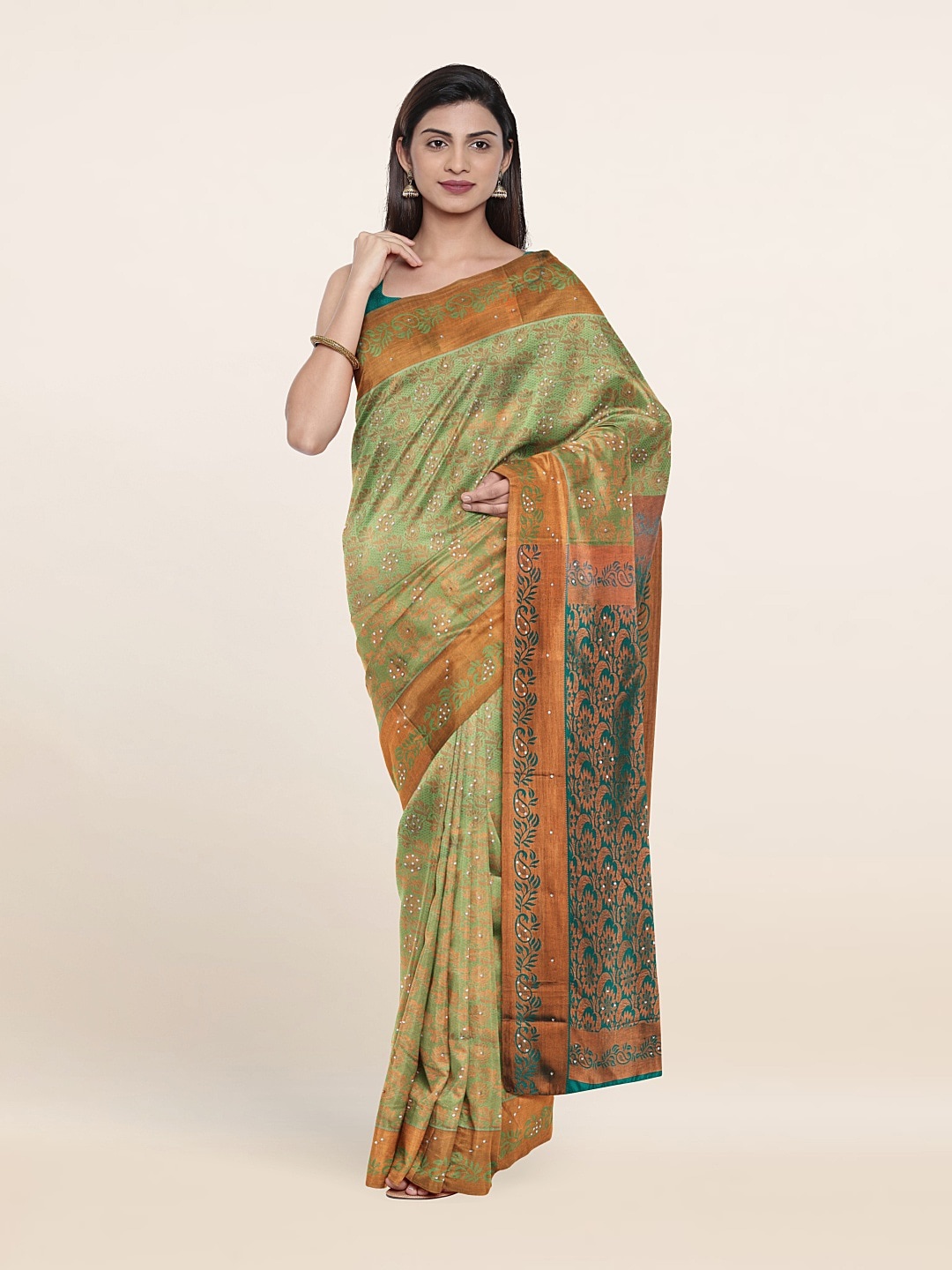 

Pothys Green & Copper-Toned Woven Design Beads And Stones Pure Silk Saree