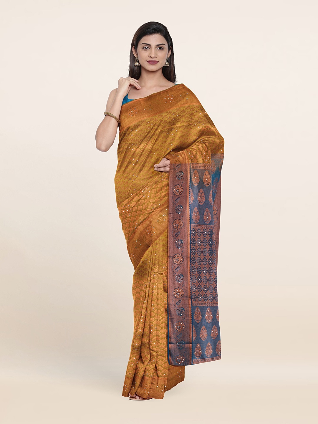 

Pothys Green & Blue Woven Design Beads And Stones Pure Silk Saree