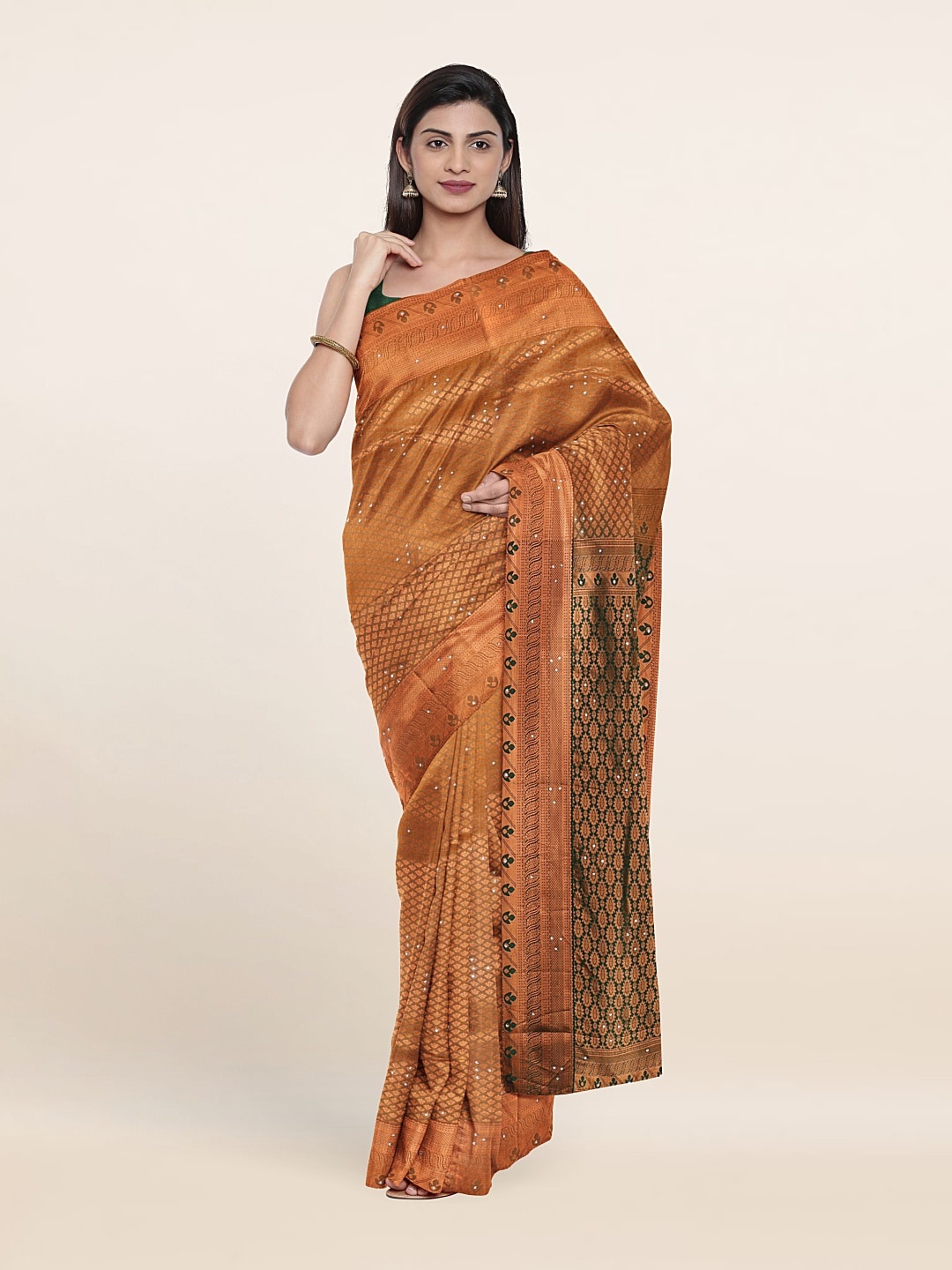 

Pothys Copper-Toned & Green Woven Design Beads And Stones Pure Silk Saree