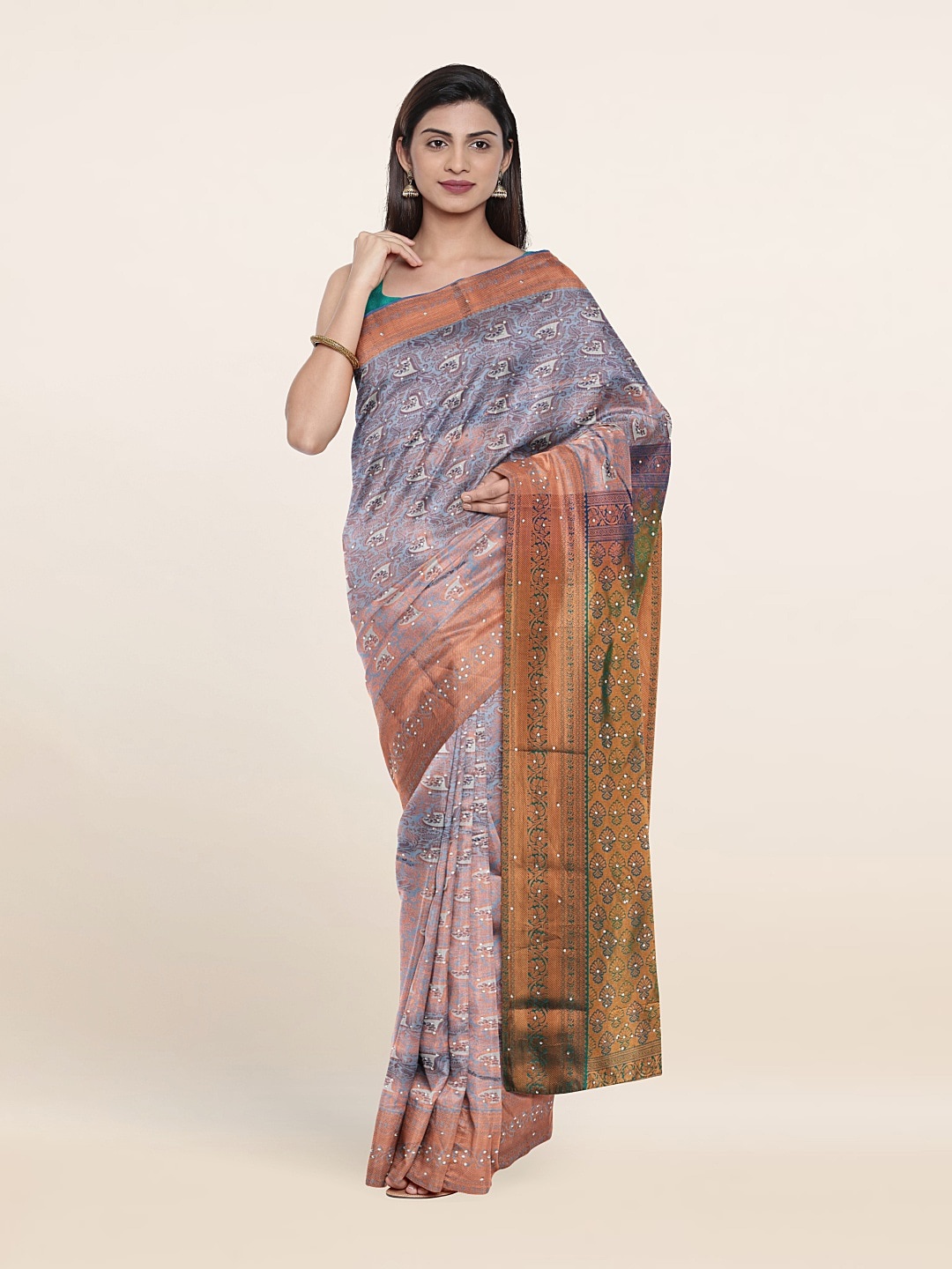 

Pothys Lavender & Green Woven Design Beads And Stones Pure Silk Saree