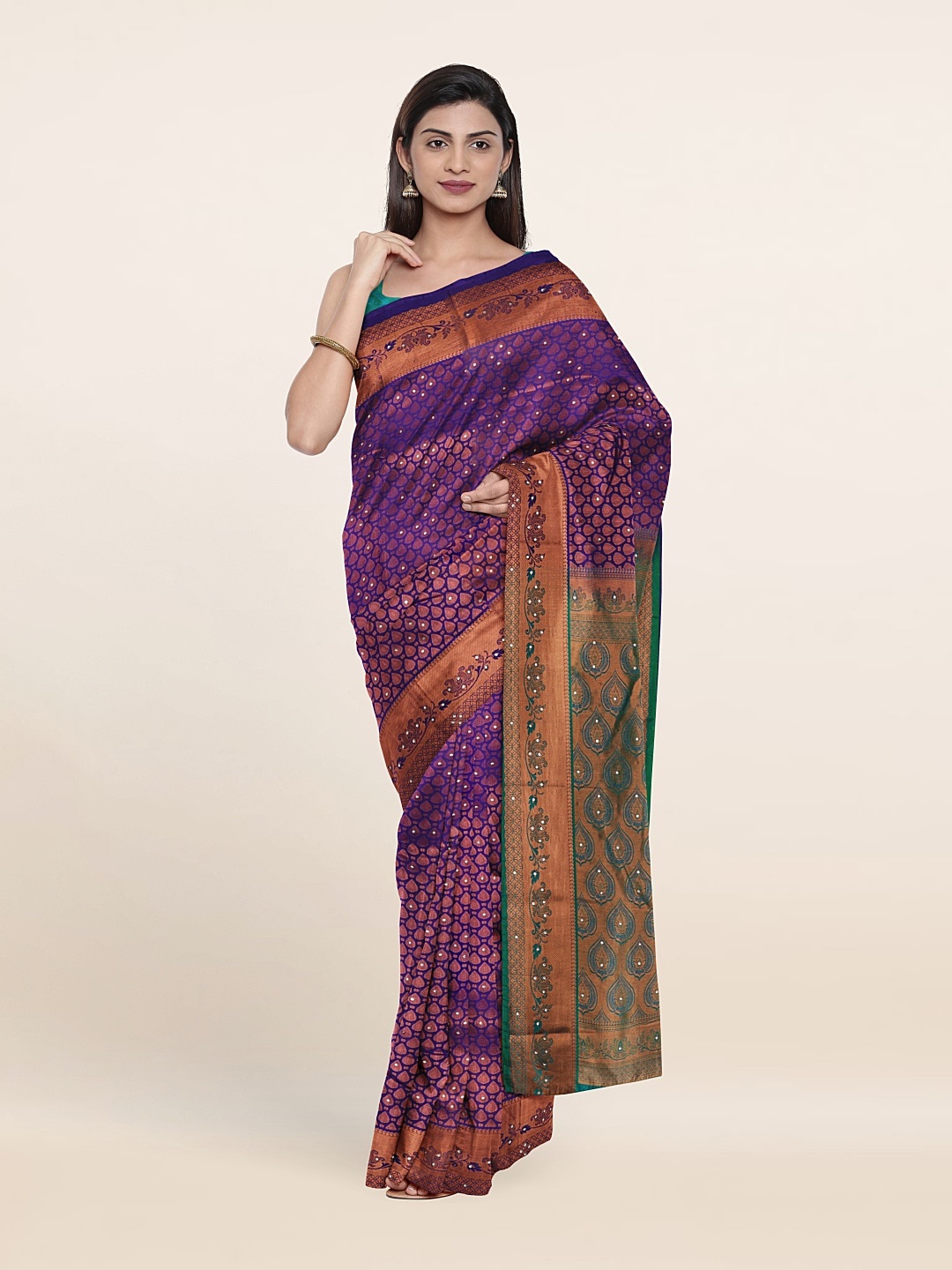 

Pothys Blue & Green Woven Design Beads And Stones Pure Silk Saree