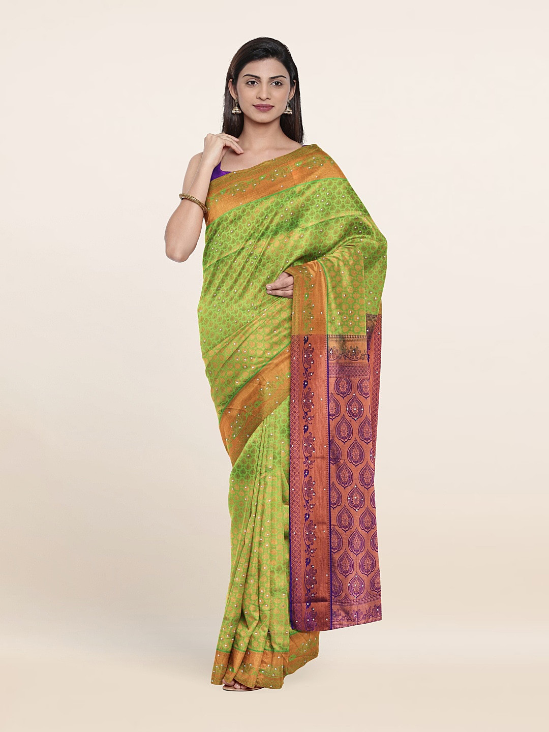 

Pothys Green & Blue Woven Design Beads And Stones Pure Silk Saree