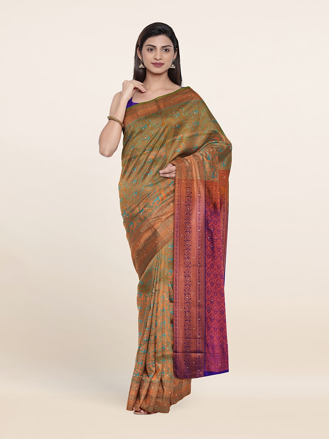 

Pothys Blue & Copper-Toned Woven Design Beads And Stones Pure Silk Saree