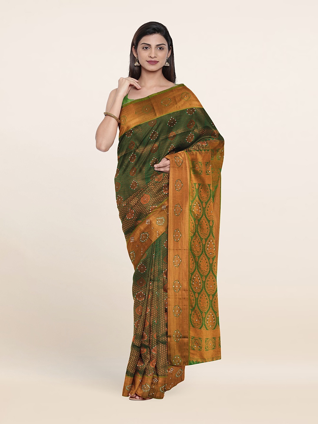 

Pothys Green & Copper-Toned Woven Design Beads And Stones Pure Silk Saree