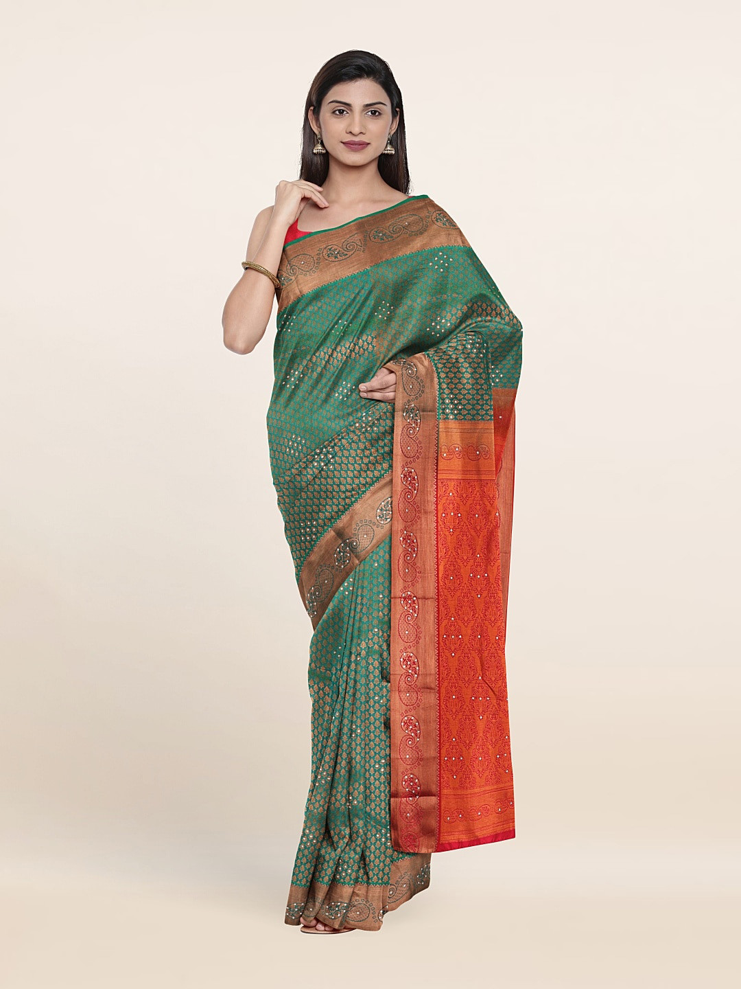 

Pothys Green & Red Woven Design Beads And Stones Pure Silk Saree