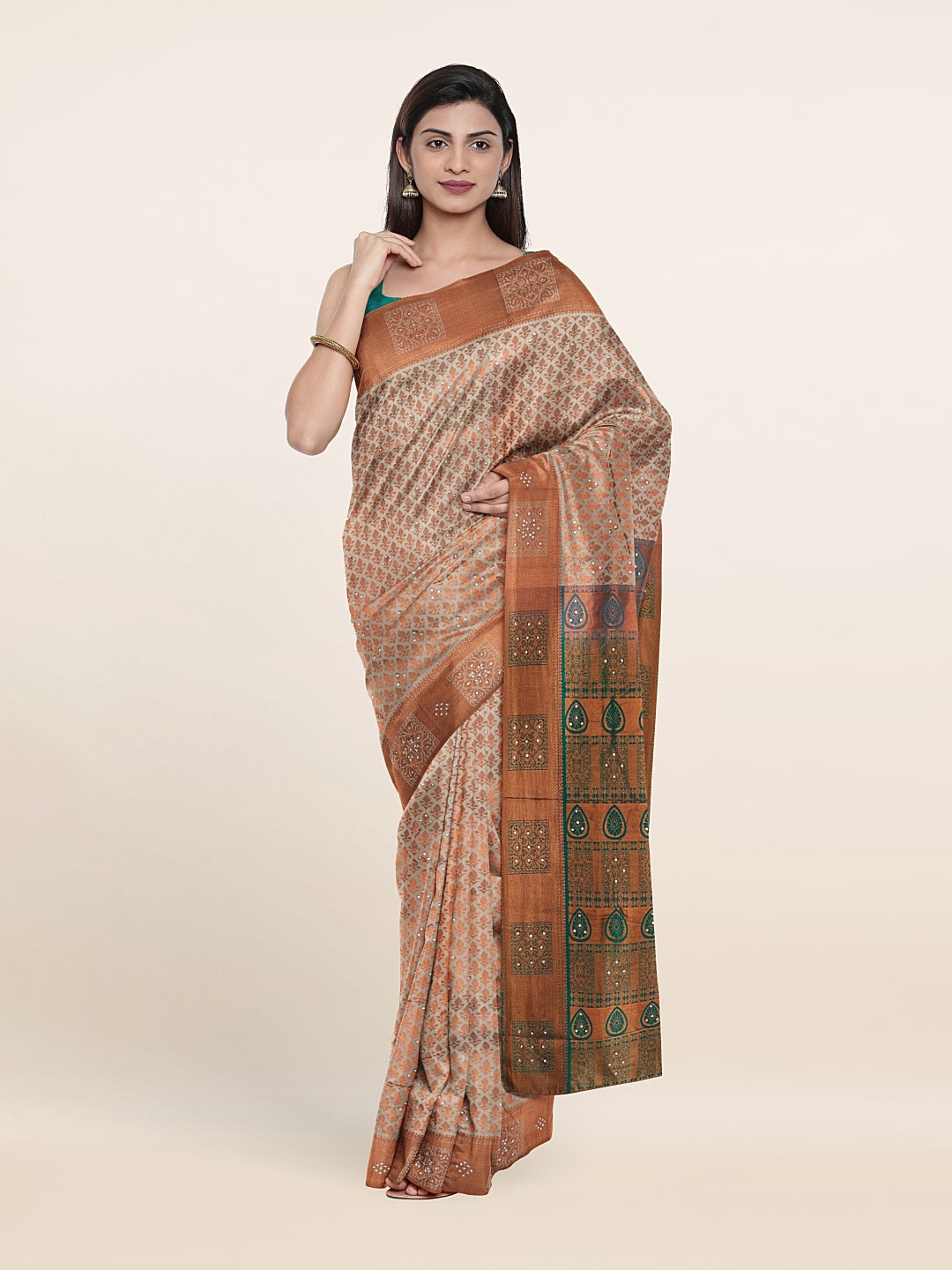 

Pothys White & Copper-Toned Woven Design Beads And Stones Pure Silk Saree