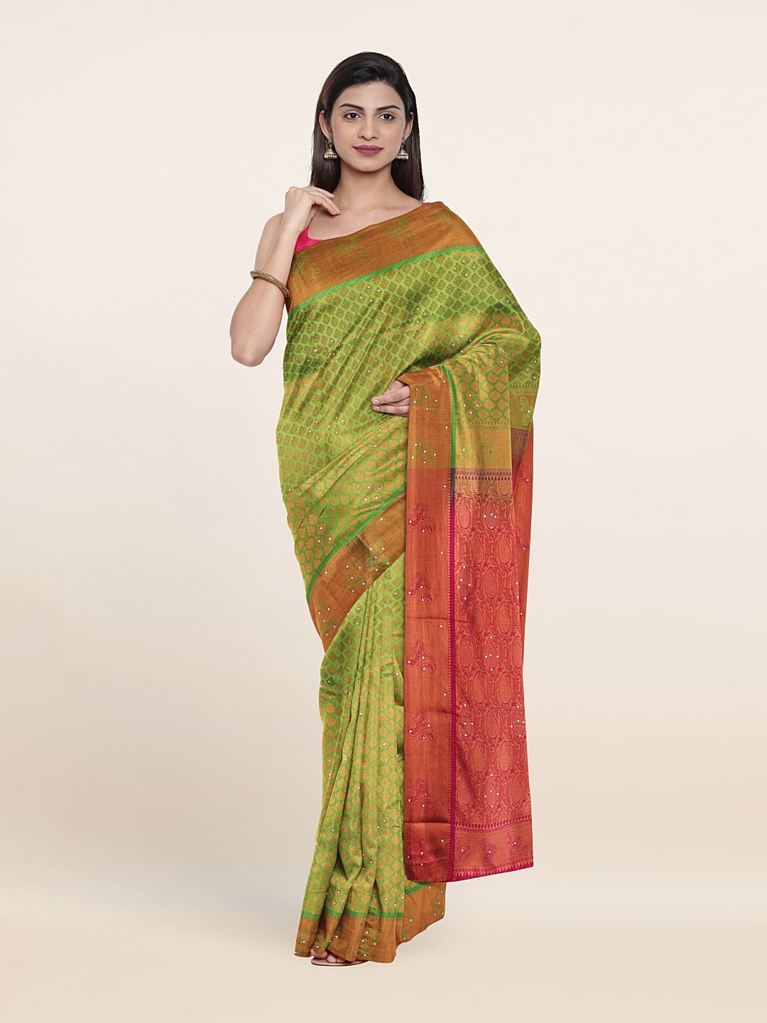 

Pothys Green & Pink Woven Design Beads And Stones Pure Silk Saree
