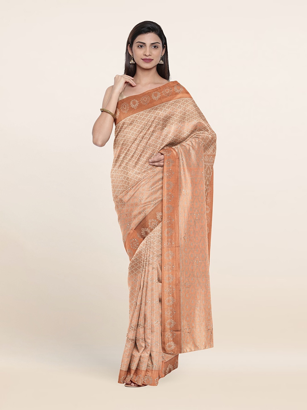 

Pothys Cream-Coloured & Copper-Toned Ethnic Motifs Zari Pure Silk Saree