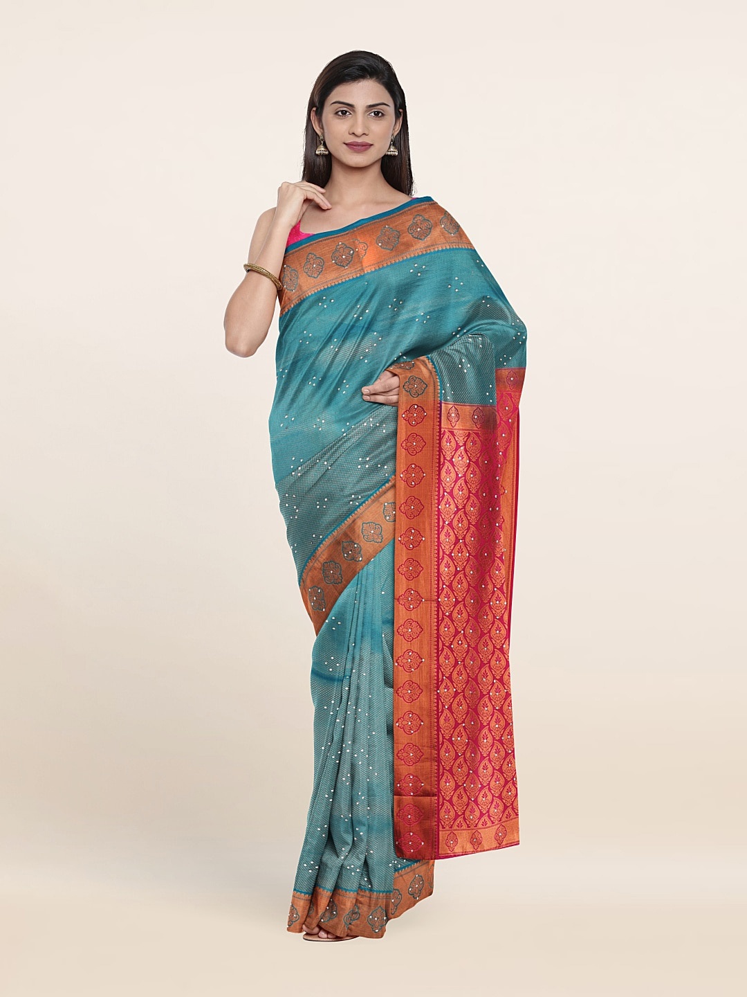 

Pothys Blue & Pink Ethnic Motifs Zari Pure Silk Saree