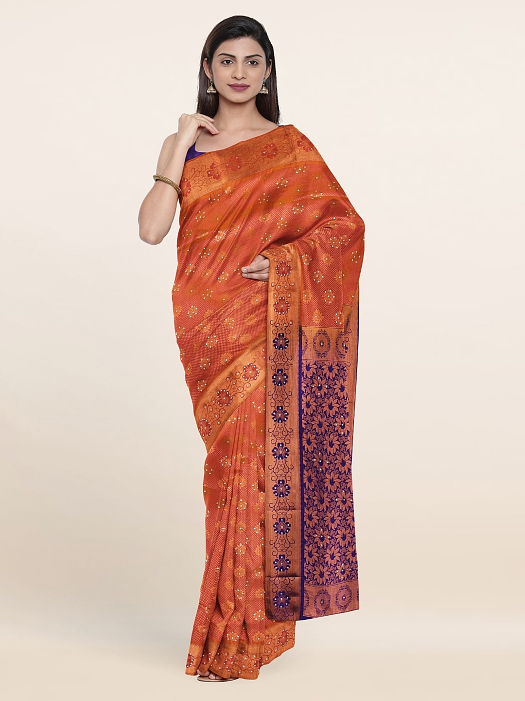 

Pothys Peach-Coloured & Blue Floral Beads and Stones Pure Silk Saree