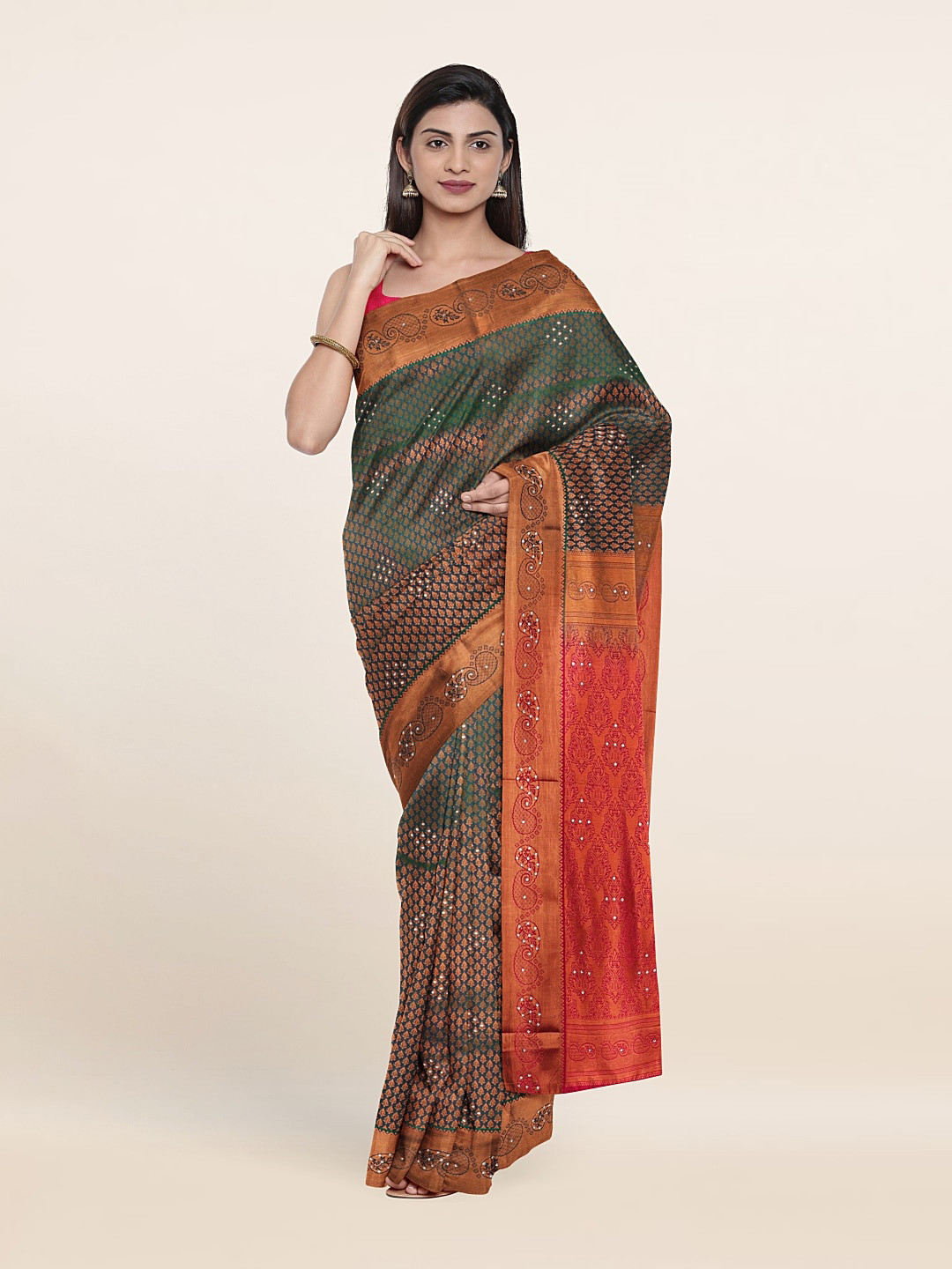 

Pothys Green & Red Ethnic Motifs Beads and Stones Pure Silk Saree