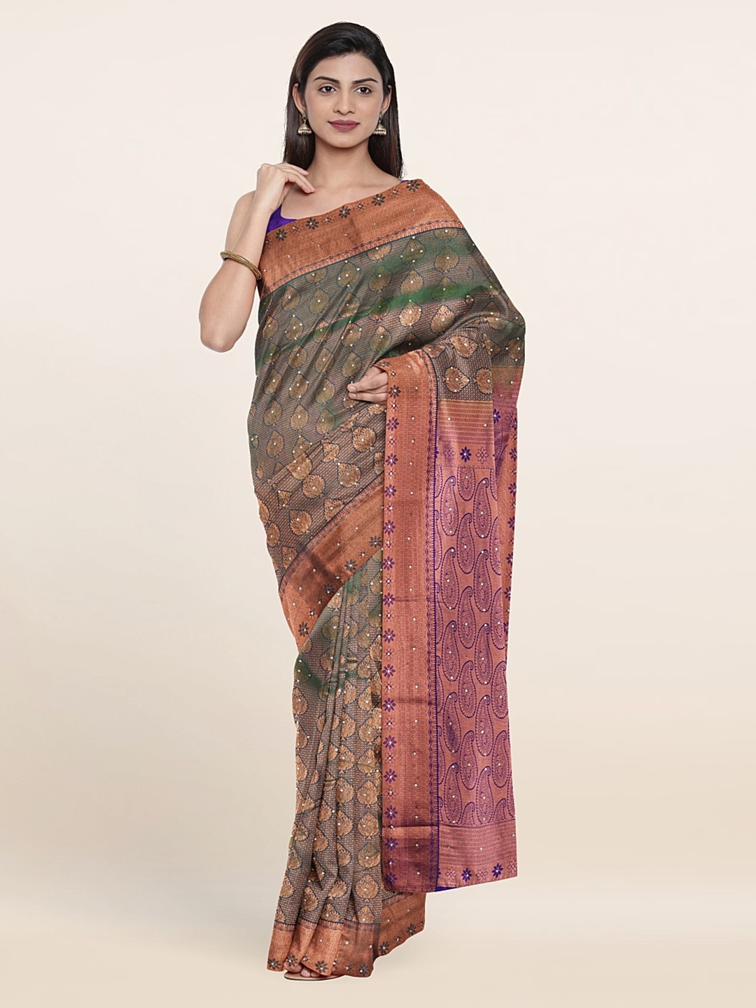 

Pothys Green & Purple Ethnic Motifs Beads and Stones Pure Silk Saree