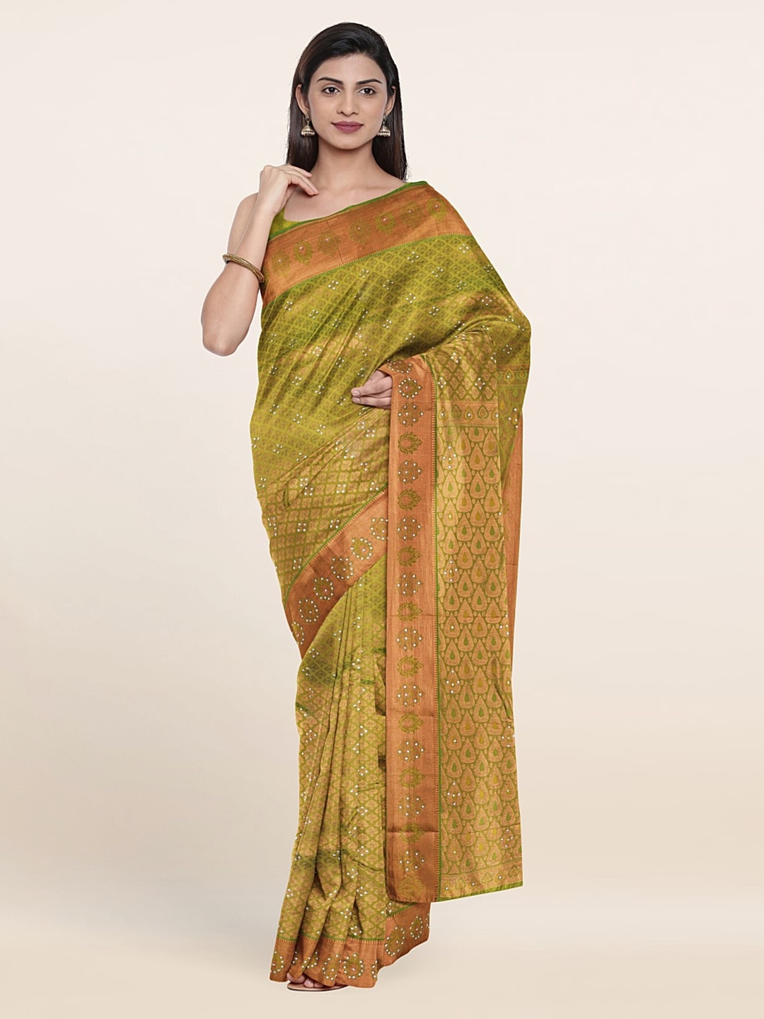 

Pothys Lime Green & Copper-Toned Ethnic Motifs Beads and Stones Pure Silk Saree