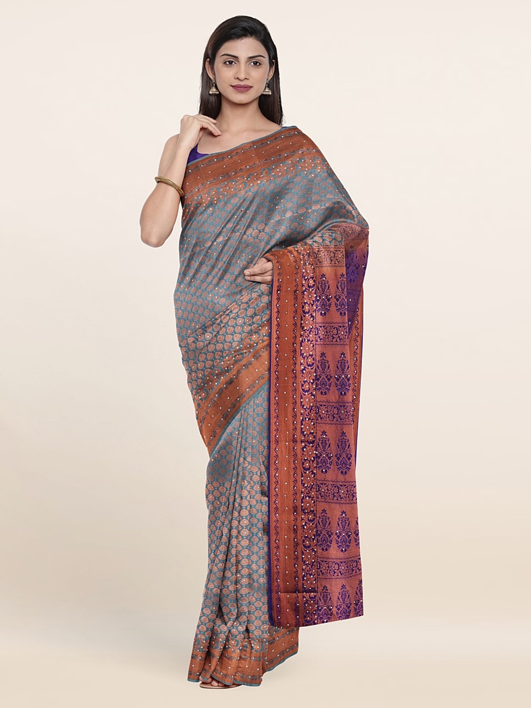 

Pothys Blue & Blue Ethnic Motifs Beads and Stones Pure Silk Saree