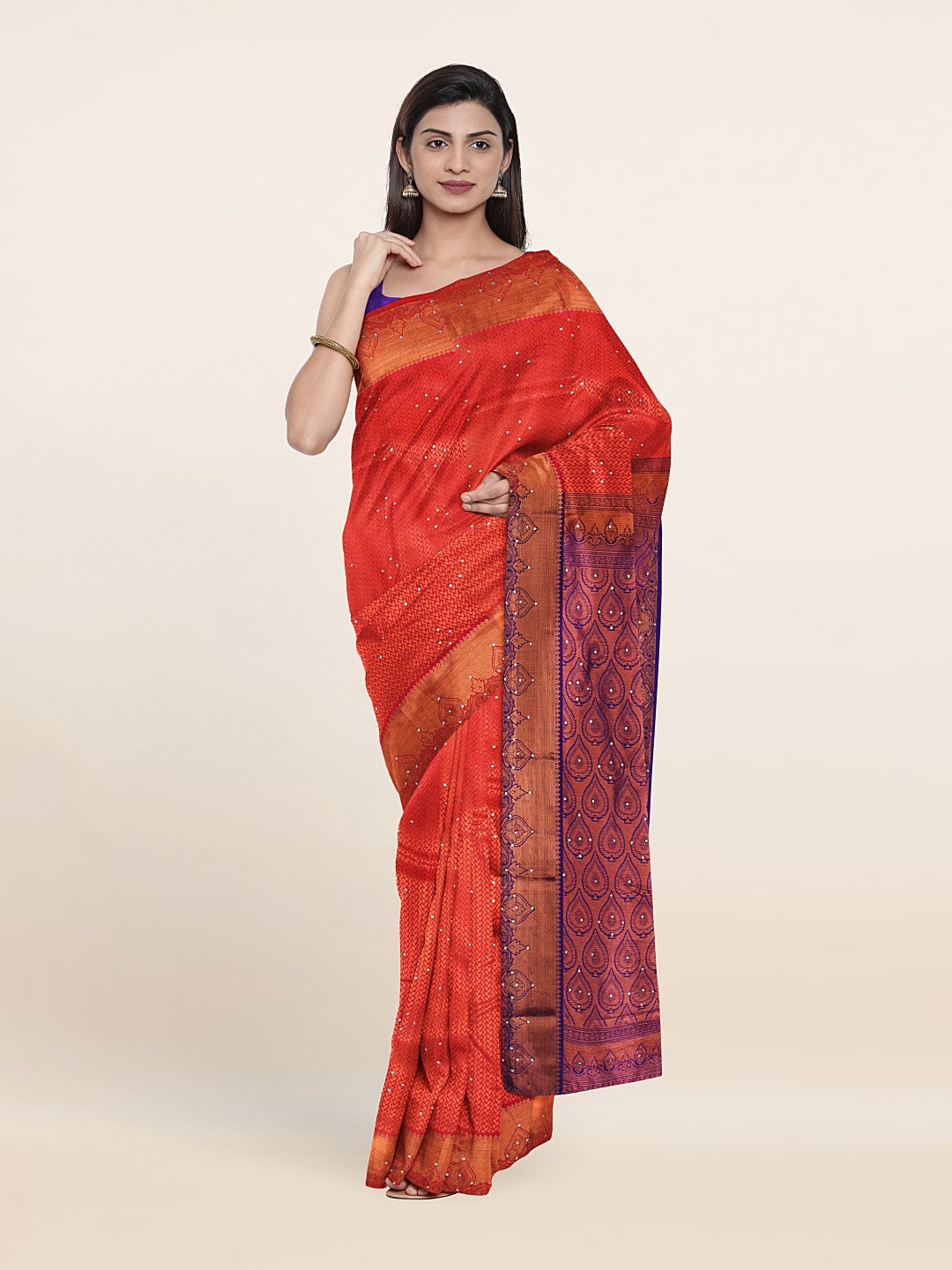 

Pothys Pink & Purple Ethnic Motifs Beads and Stones Pure Silk Saree