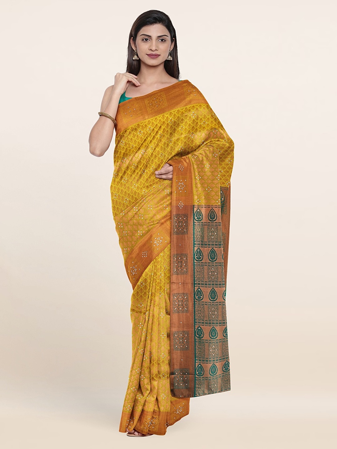 

Pothys Yellow & Green Woven Design Beads and Stones Pure Silk Saree