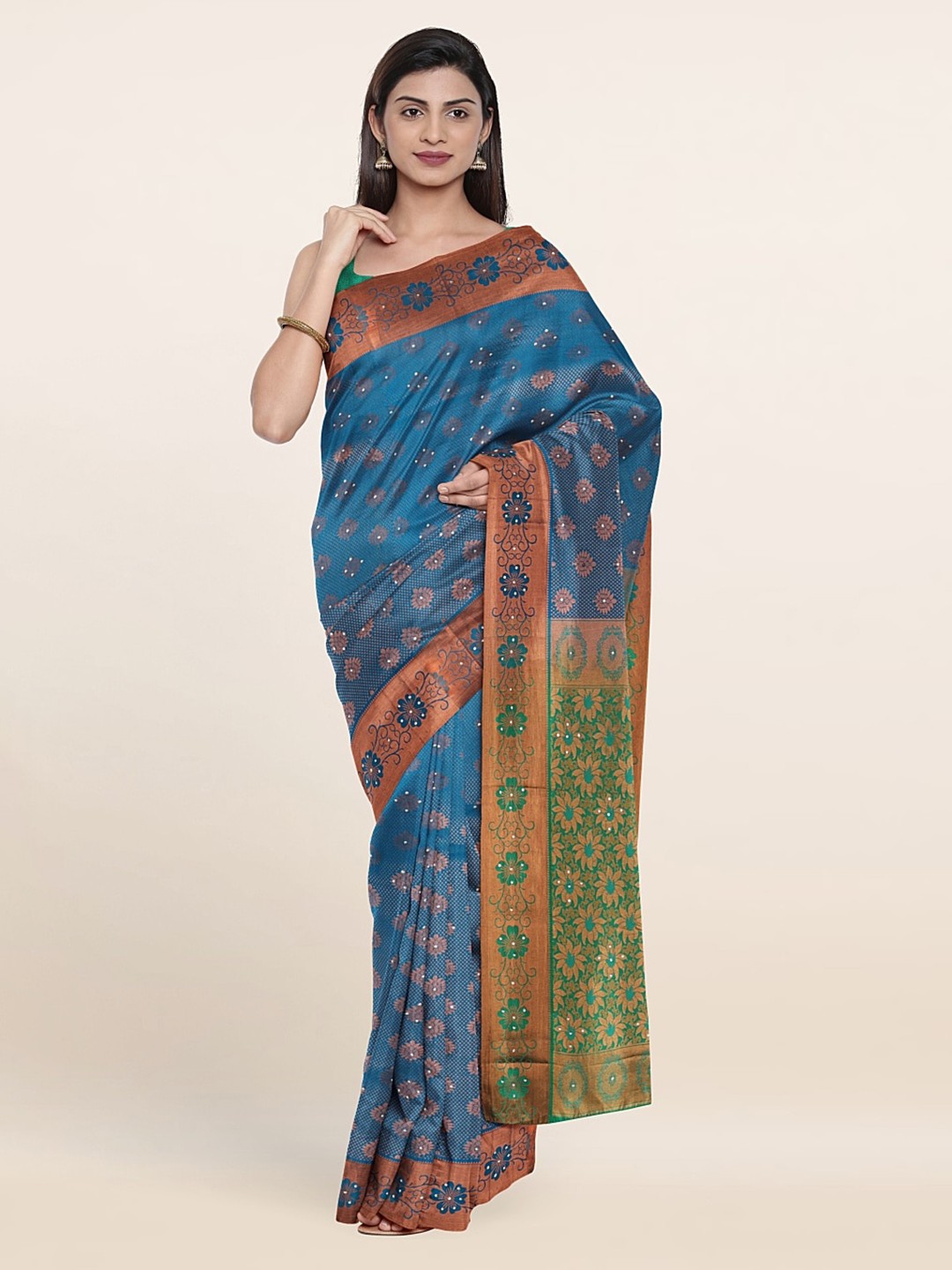 

Pothys Blue & Green Ethnic Motifs Beads and Stones Pure Silk Saree