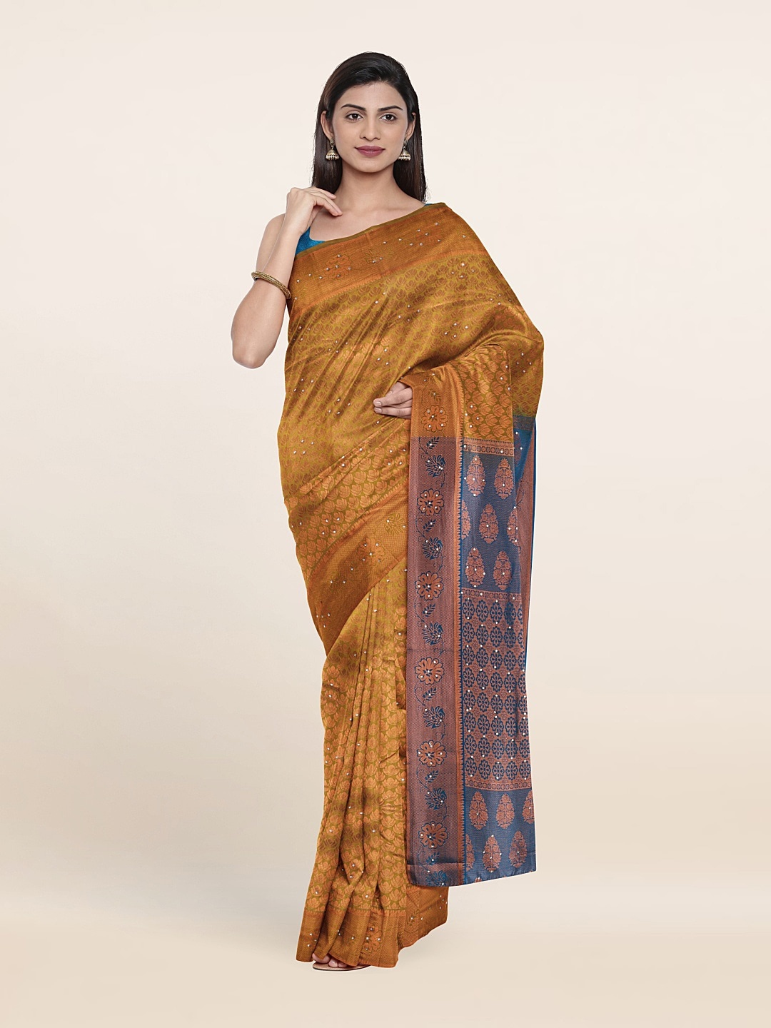 

Pothys Green & Copper-Toned Floral Beads and Stones Pure Silk Saree