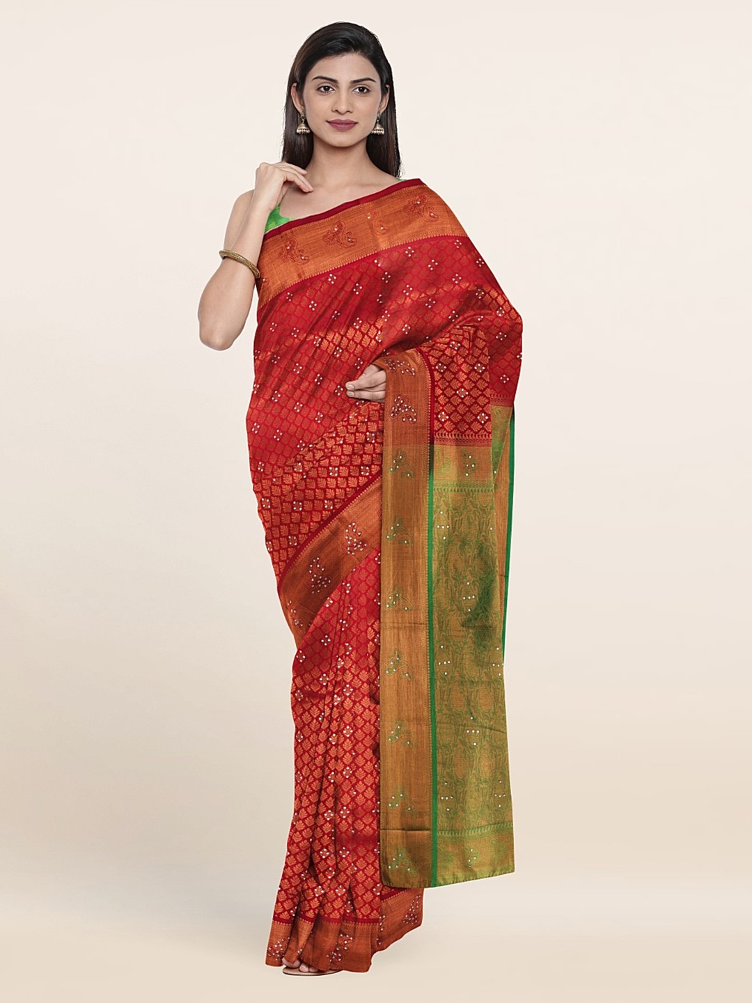 

Pothys Pink & Green Floral Beads and Stones Pure Silk Saree